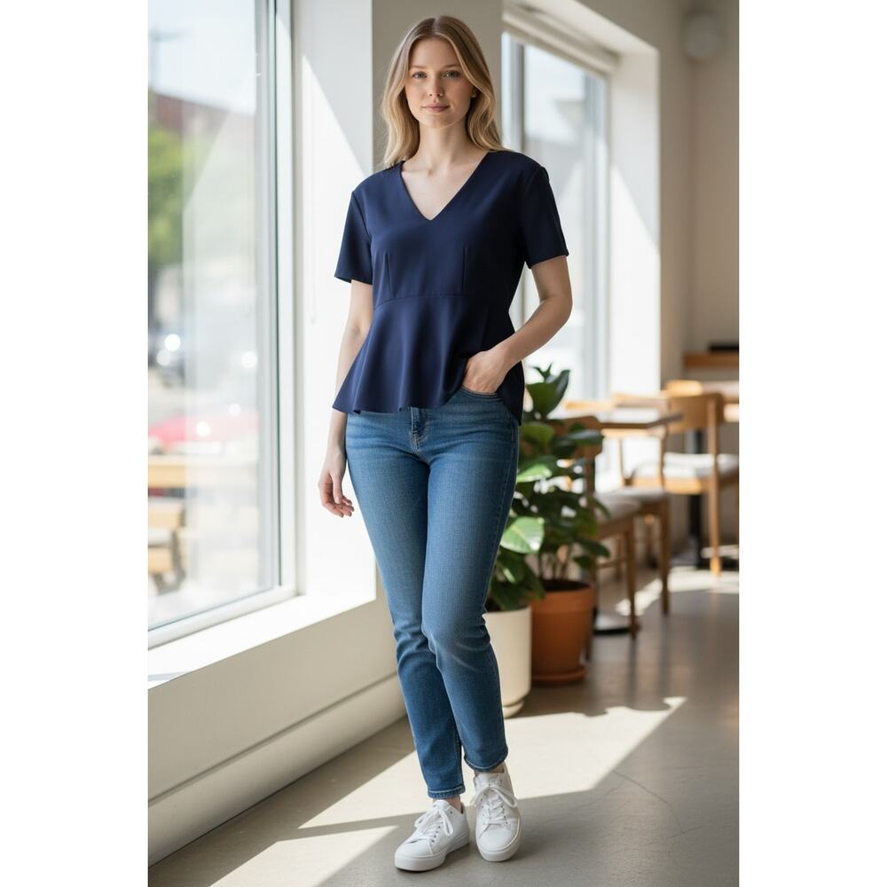 2/$30 MEG Top Size XS Navy Blue V Neck Peplum-ish Hips Blouse